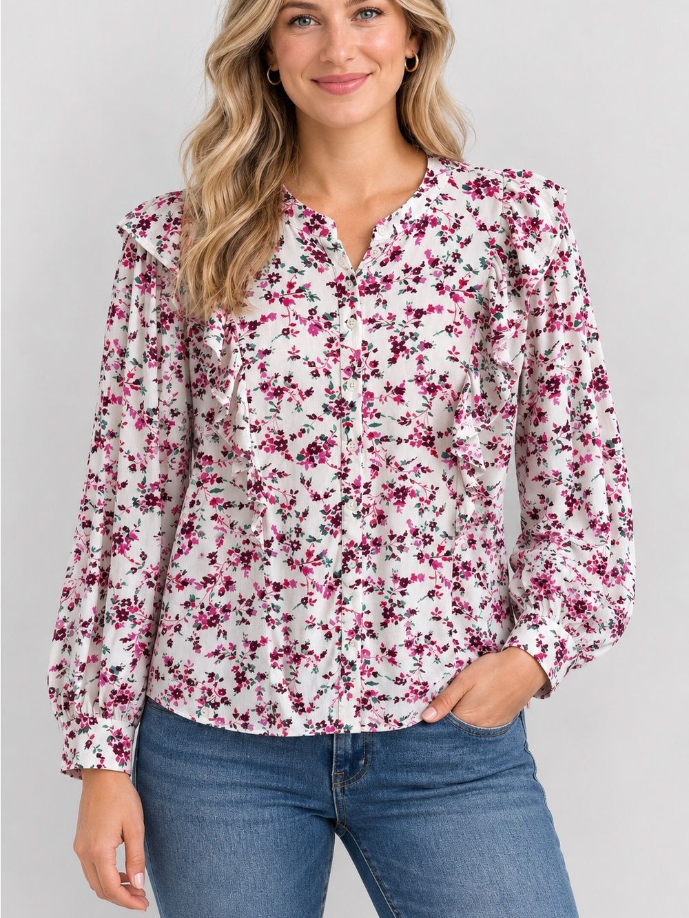 J Crew White Blouse Pink Floral Ruffle Detail Long Sleeve Girly Shirt Top Sz Med